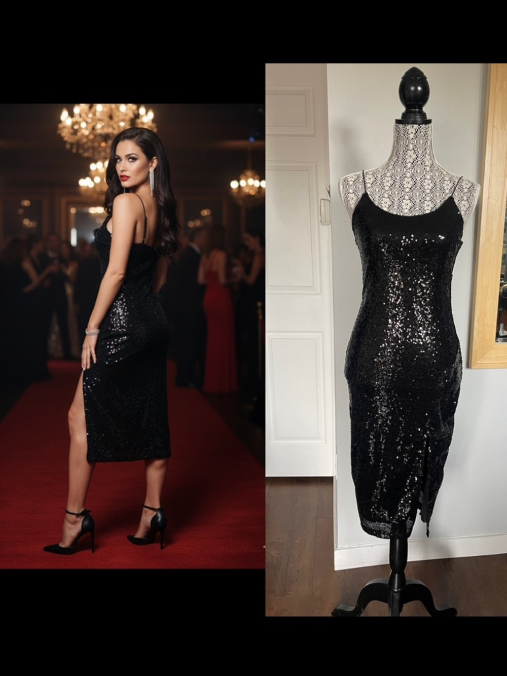 NWT Medium Black Sequin Midi Party Dress With Slit.